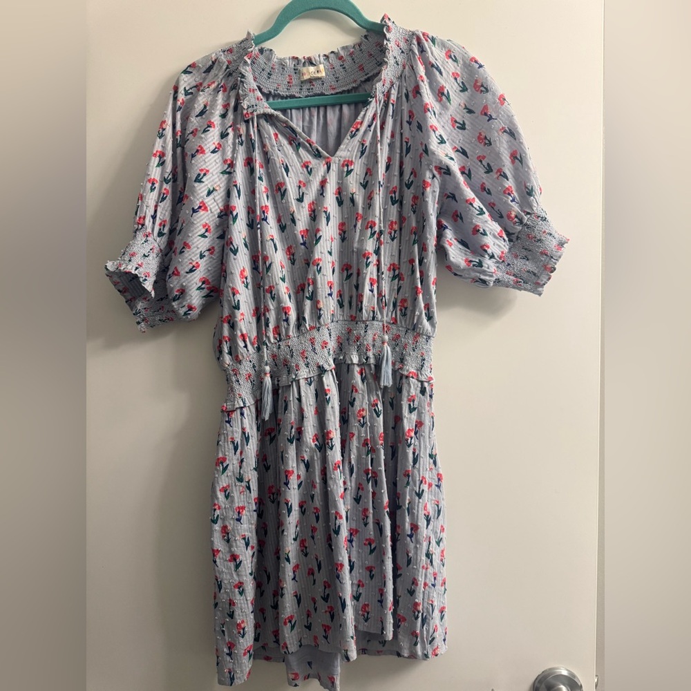 Roller Rabbit Light Blue Floral Mini Dress with Tassel Waist